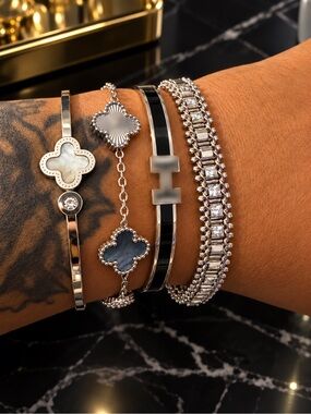 Sterling Silver Multi-Stack Bracelet Set with White and Black Accents